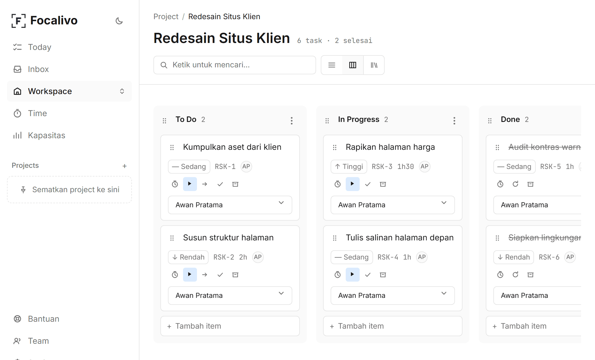 Board kanban Focalivo dengan tiga kolom To Do, In Progress, dan Done berisi enam kartu task.