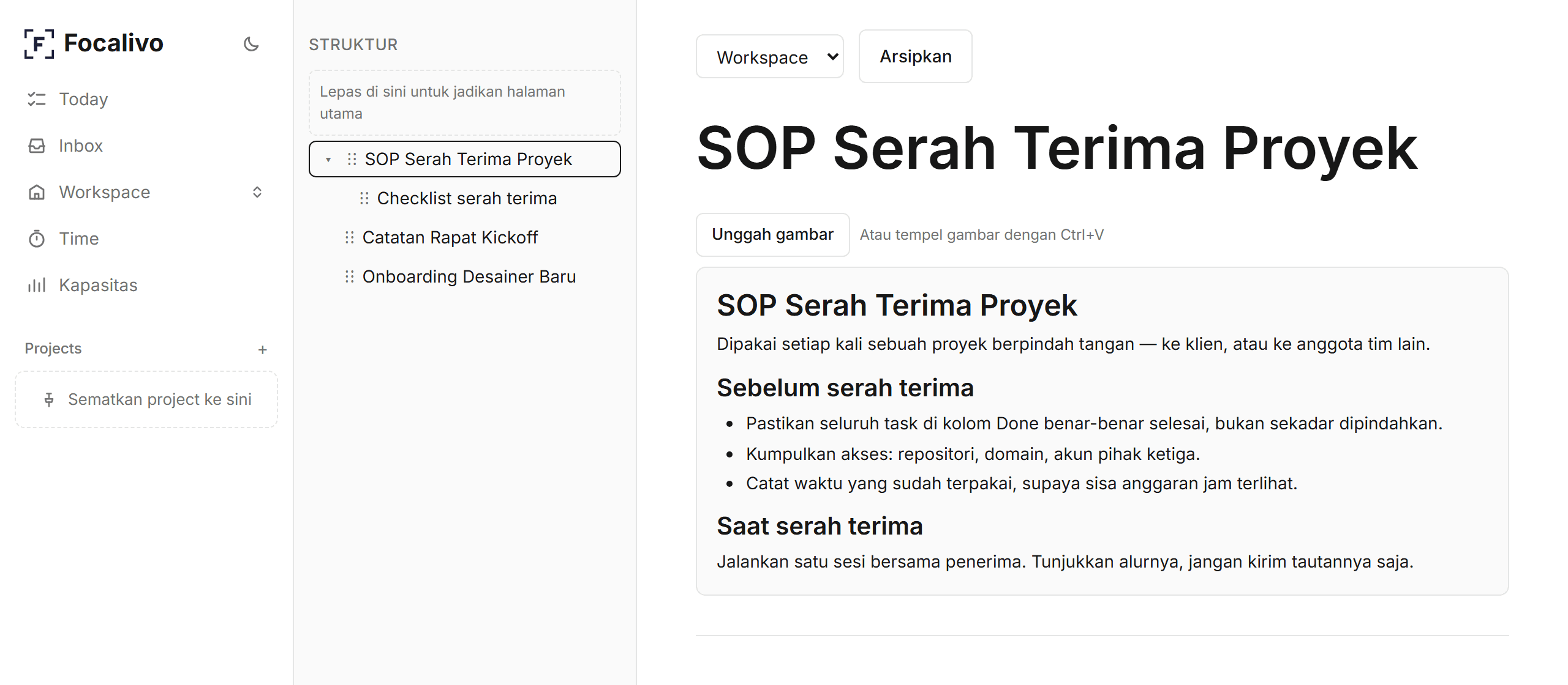 Editor dokumen Focalivo menampilkan SOP Serah Terima Proyek beserta panel struktur berisi empat dokumen, salah satunya bertingkat di bawah SOP tersebut.